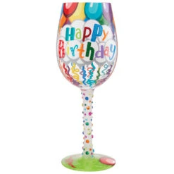 Lolita Happy Birthday Balloons And Streamers Handpainted Wine Glass, 15 Oz.