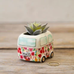 Natural Life Faux Succulent In Van Planter, 2" -Hallmark Shop Tiny VW Van Ceramic Planter With Faux Succulent PLNT059 02